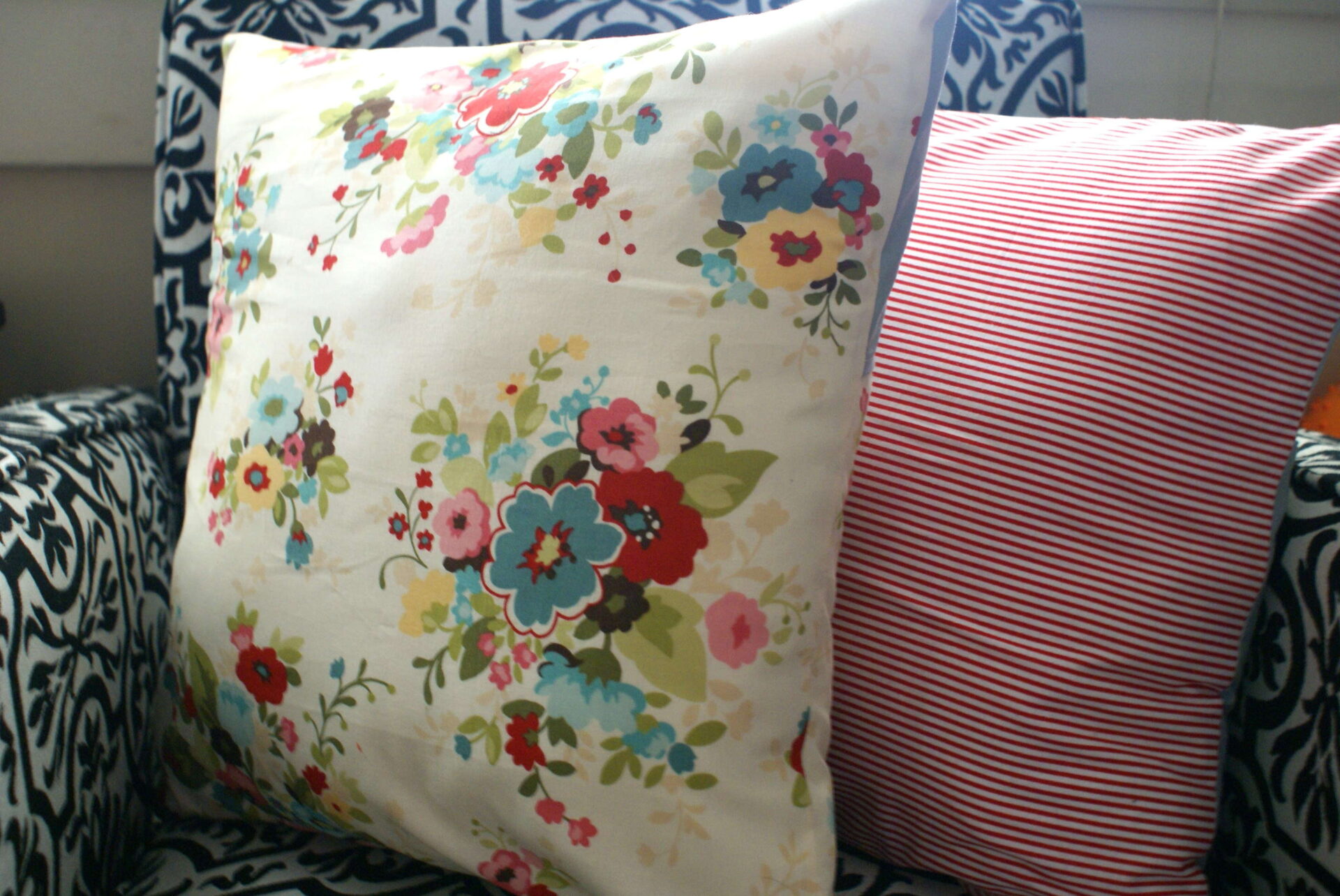 floral and stripe handmade pillow