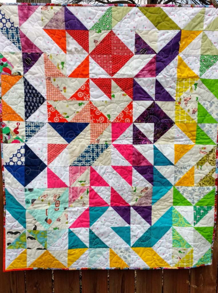 rainbow quilt, scrap quilt, scrappy quilt, half square triangle, HST quilt, baby quilt, sewing with kids 